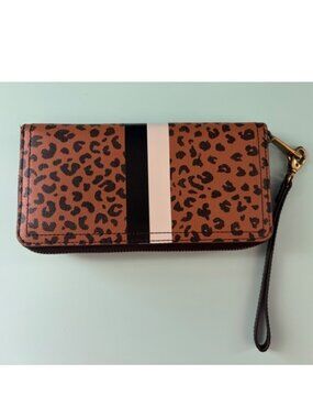 Fossil Logan zip around leopard print and stripe RFID wallet
